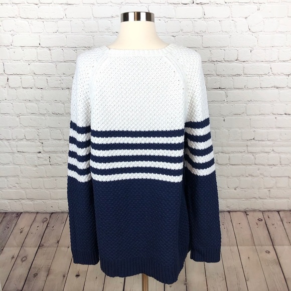 Madison Jules Crew Neck Long Slv Sweater Navy/Wht - Picture 2 of 6